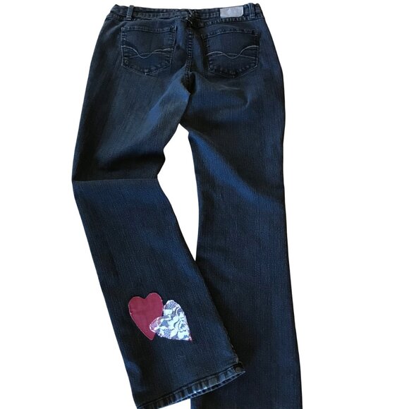 Upcycled Patchwork Jeans, Size 12:  Handmade Burgundy/Lace Patches, Black Denim - Picture 3 of 13
